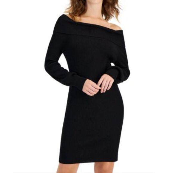 Hippie Rose Dresses & Skirts - Hippie Rose Juniors' Off-The-Shoulder Long-Sleeve Sweater Dress Black M